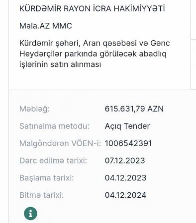 Kürdəmir İcra hakimiyyətinin sevimli "MALA.AZ" MMC-si daha bir tenderi uddu - Qaranlıq tenderlər silsiləsindən
